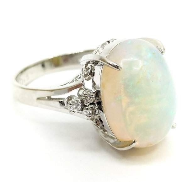 Genuine 7.2 CT Opal Stone + Diamonds White Platinum 900 Gold Ring US Sz 5.75 - Picture 3 of 14